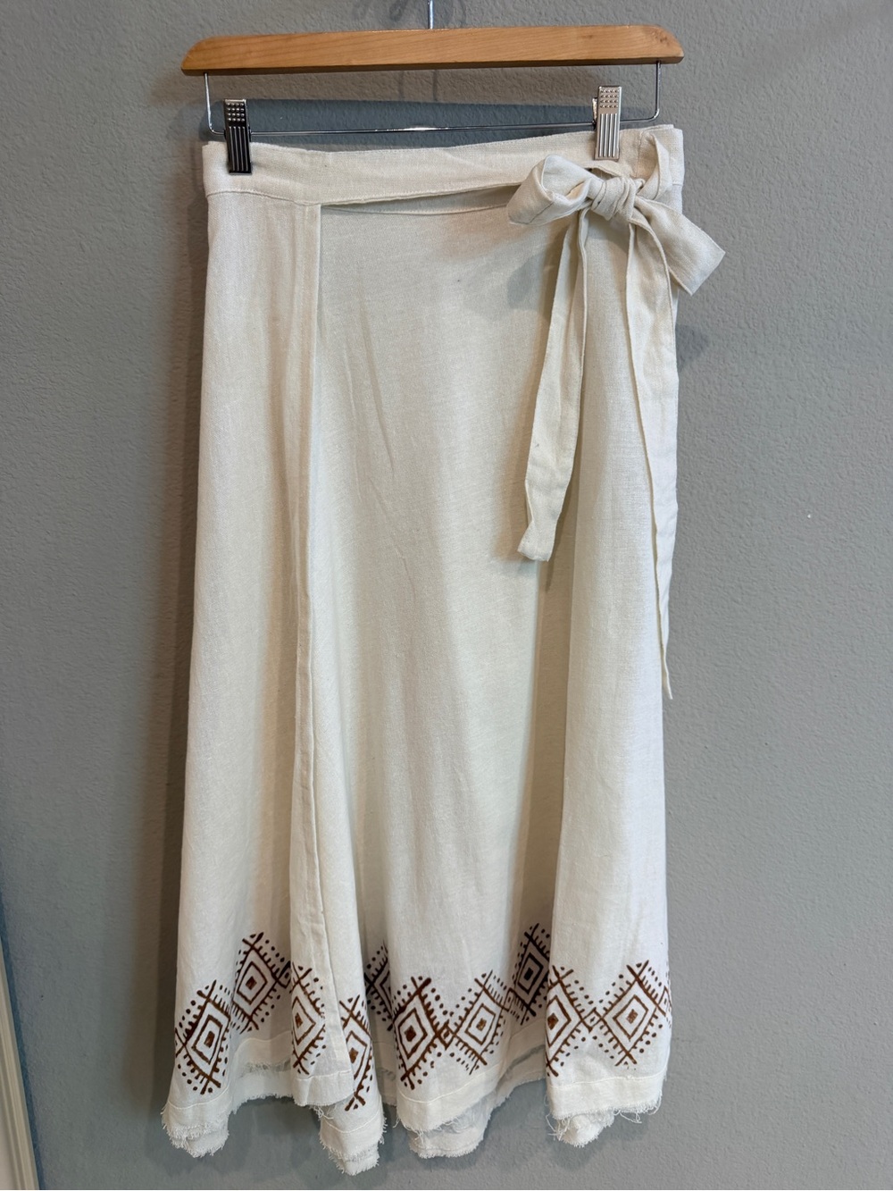 Handmade Boho Wrap Maxi Skirt Ivory Brown Geometric Print One Size - Picture 5 of 12